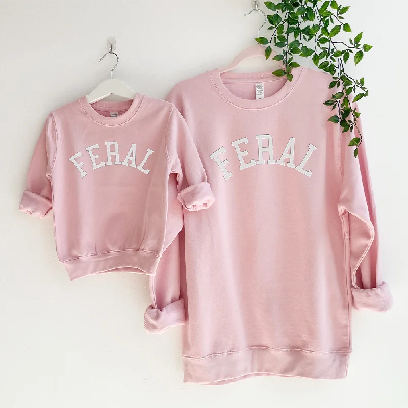Feral College Matching Mum & Kids Sweatshirts Hoodie with Hem Frayed Vintage Worn