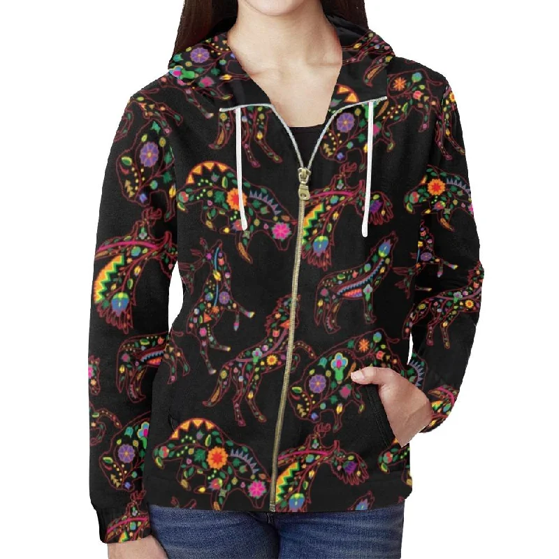 Neon Floral Animals Full Zip Hoodie for Women Hoodie with Reflective Safety Nightwear