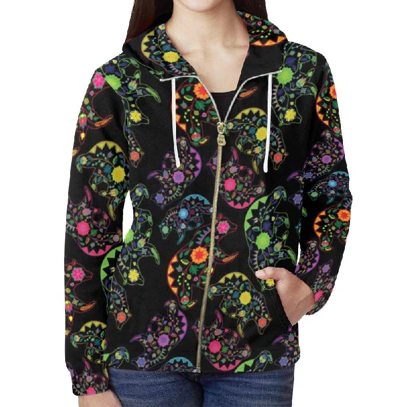 Neon Floral Bears Full Zip Hoodie for Women Hoodie with Emblem Brand Identity