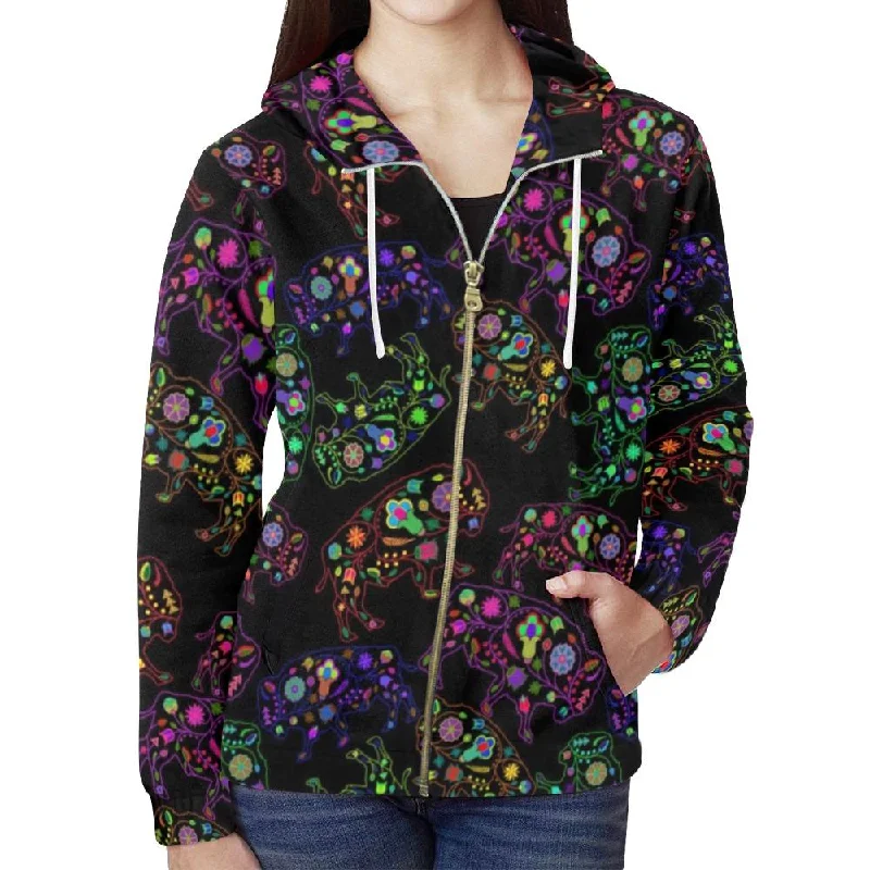 Neon Floral Buffalos Full Zip Hoodie for Women Hoodie with Button Classic Timeless