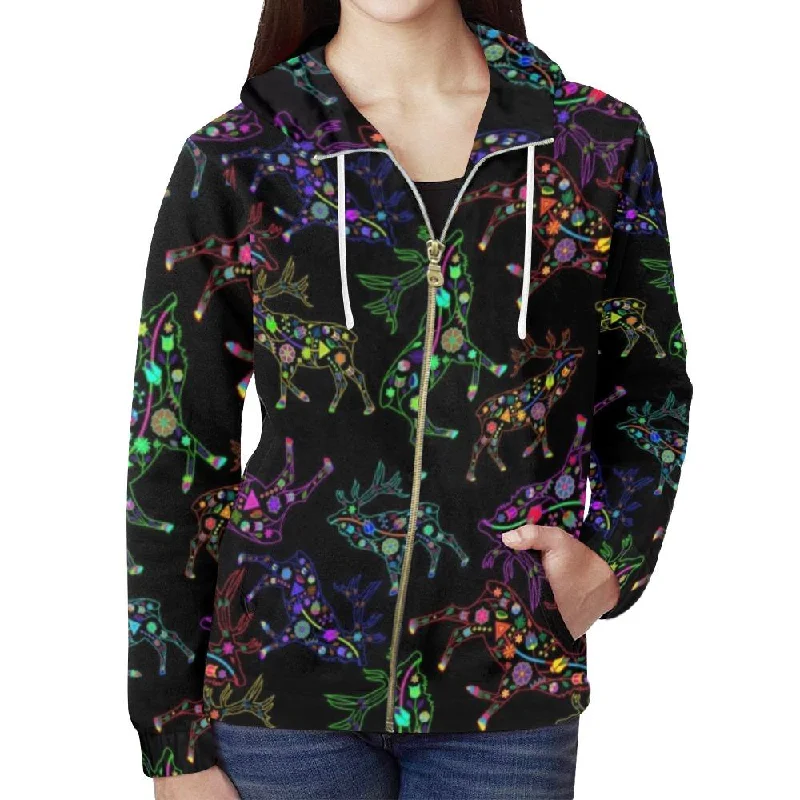 Neon Floral Elks Full Zip Hoodie for Women Hoodie with Hood Adjustable Protection