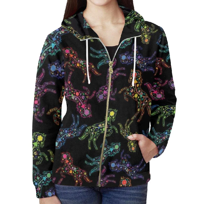 Neon Floral Horses Full Zip Hoodie for Women Cotton Hoodie Fleece Lining Warmth