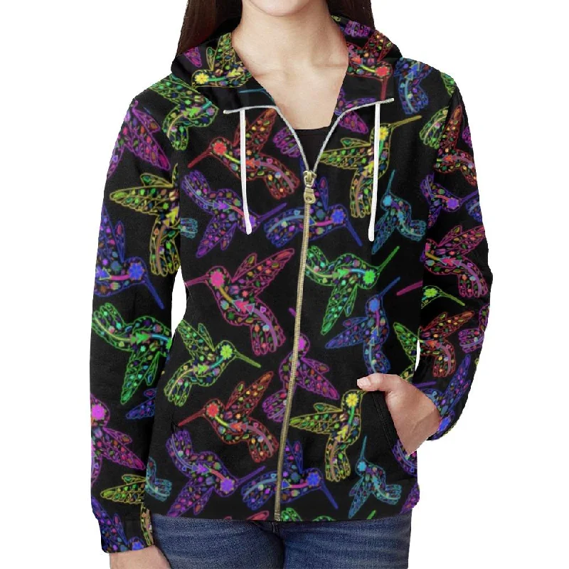 Neon Floral Hummingbirds Full Zip Hoodie for Women Hoodie with Back Slit Movement Comfort Neon Floral Hummingbirds Full Zip Hoodie for Women Hoodie with Back Slit Movement Comfort