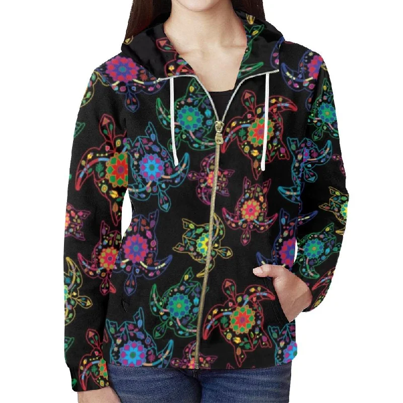 Neon Floral Turtles Full Zip Hoodie for Women Hoodie with Elastic Waist Stretchable Comfortable Neon Floral Turtles Full Zip Hoodie for Women Hoodie with Elastic Waist Stretchable Comfortable