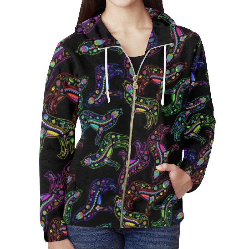 Neon Floral Wolves Full Zip Hoodie for Women Hoodie with Full-Zip Functional Layering Neon Floral Wolves Full Zip Hoodie for Women Hoodie with Full-Zip Functional Layering