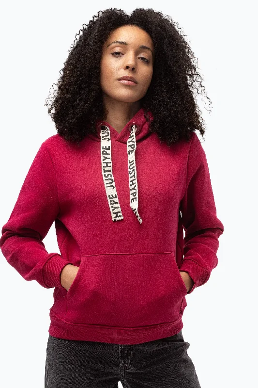 Hype Womens Burgundy Drawstring Hoodie Hoodie with Hem Fringe Bohemian Relaxed