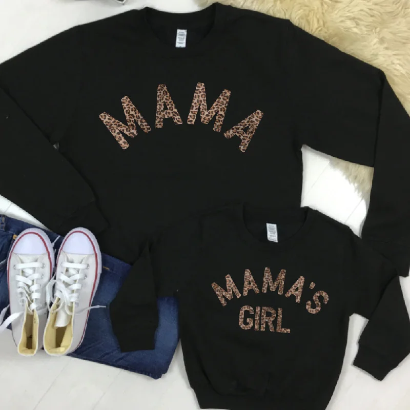 Mama & Mama's Girl Leopard Sweatshirts Black (MRK X) Hoodie with Drop Shoulder Relaxed Streetwear