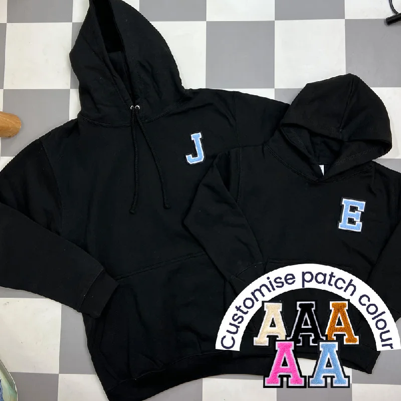 Patch 22 Matching Personalised Initial Hoodies- Black Hoodie with Relaxed Fit Easy Casual Patch 22 Matching Personalised Initial Hoodies- Black Hoodie with Relaxed Fit Easy Casual