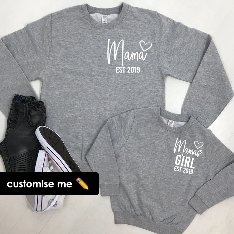 Personalised Mama & Girl Heart Established Matching Heather Grey Sweatshirts (MRK X) Hoodie with Slit Hem Functional Movement Personalised Mama & Girl Heart Established Matching Heather Grey Sweatshirts (MRK X) Hoodie with Slit Hem Functional Movement