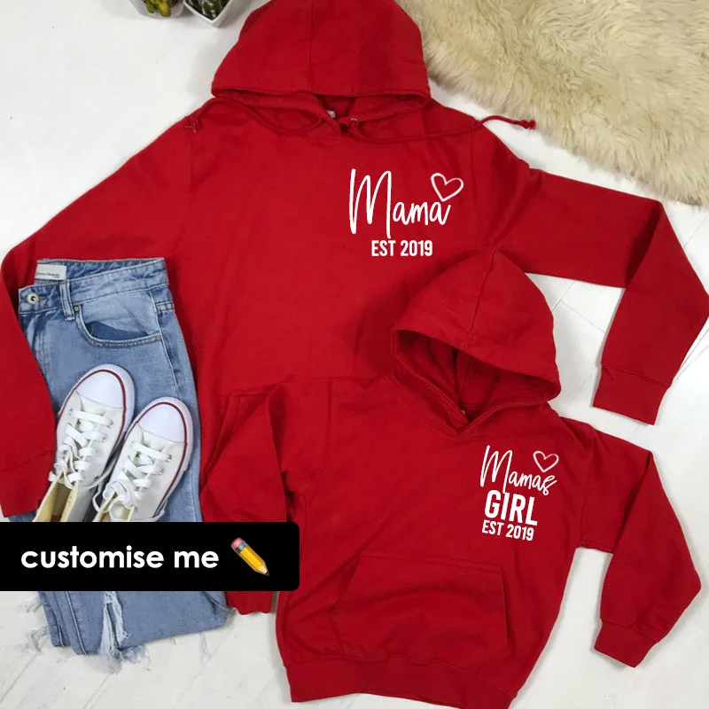 Personalised Mama & Girl Heart Established Matching Red Hoodies (MRK X) Hoodie with Hem Lace Feminine Delicate