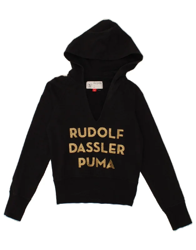 PUMA Womens Graphic Hoodie Jumper UK 10 Small Black Cotton Hoodie with Lining Warm Insulated PUMA Womens Graphic Hoodie Jumper UK 10 Small Black Cotton Hoodie with Lining Warm Insulated