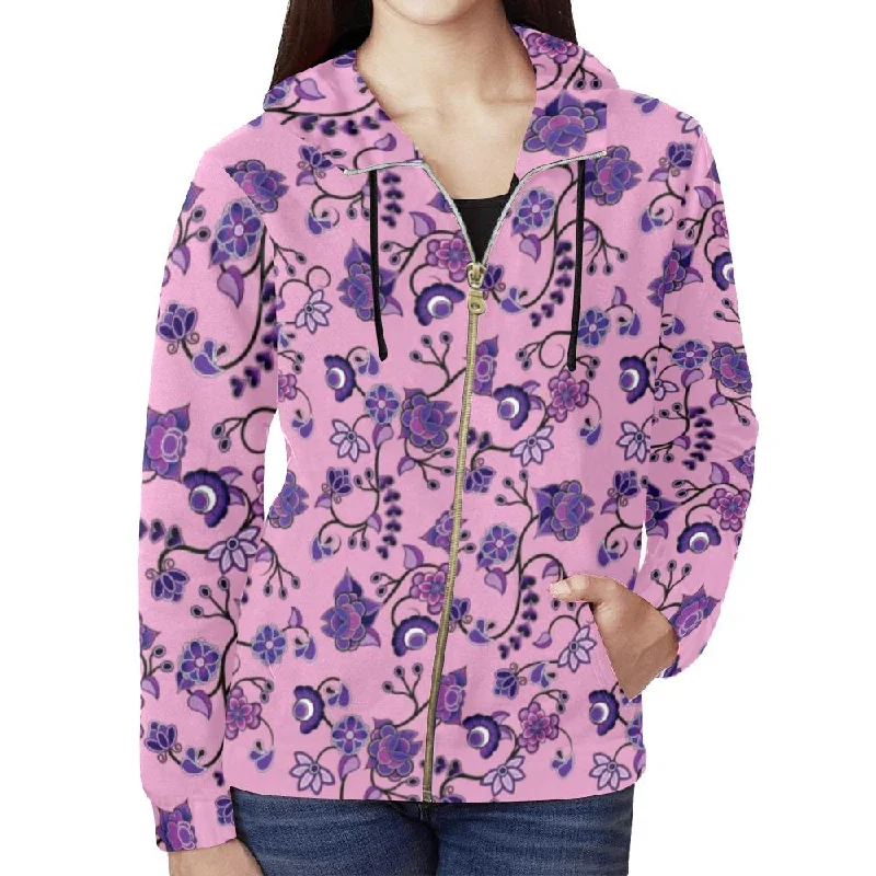 Purple Floral Amour Full Zip Hoodie for Women Hoodie with Hem Ribbing Snug Secure