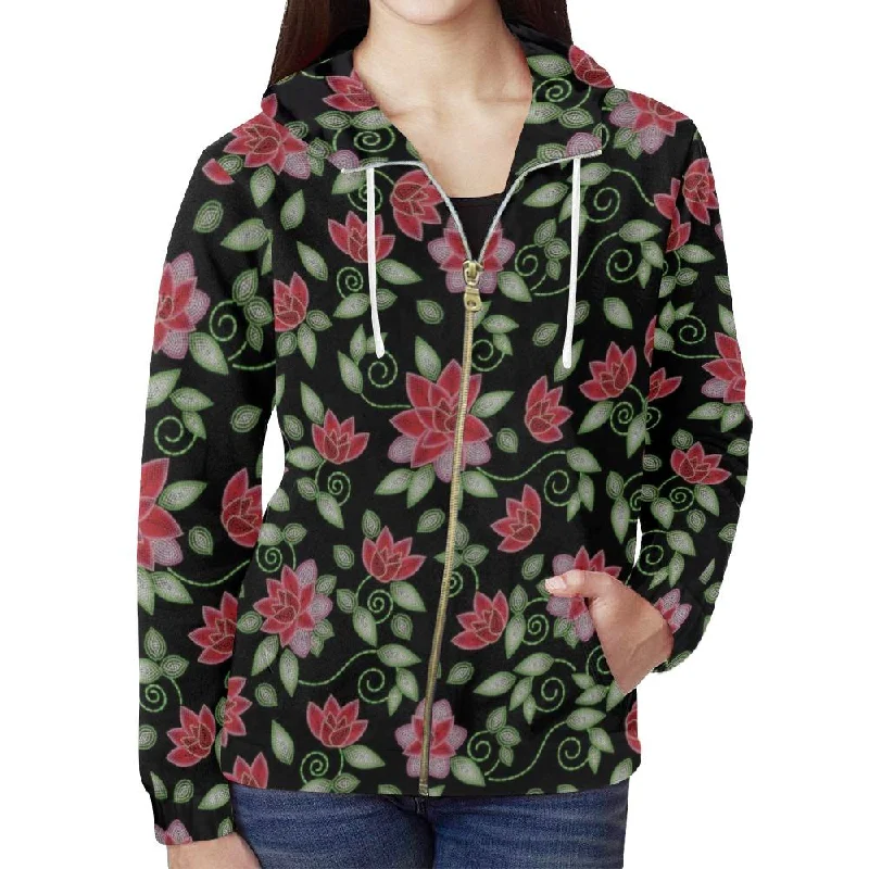 Red Beaded Rose Full Zip Hoodie for Women Hoodie with Cropped Fit Short Trendy