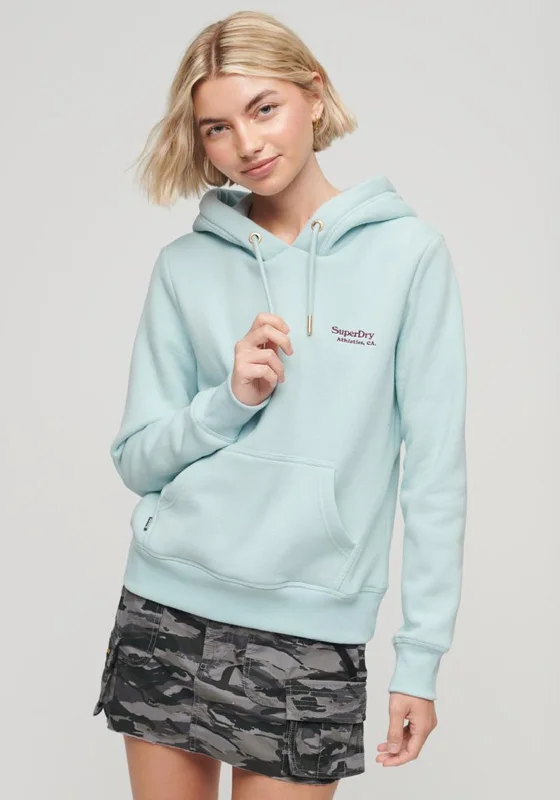 Superdry Womens Essential Logo Hooded Jumper, Winter Sky Blue Hoodie with Contrast Stitching Detailed Premium Superdry Womens Essential Logo Hooded Jumper, Winter Sky Blue Hoodie with Contrast Stitching Detailed Premium