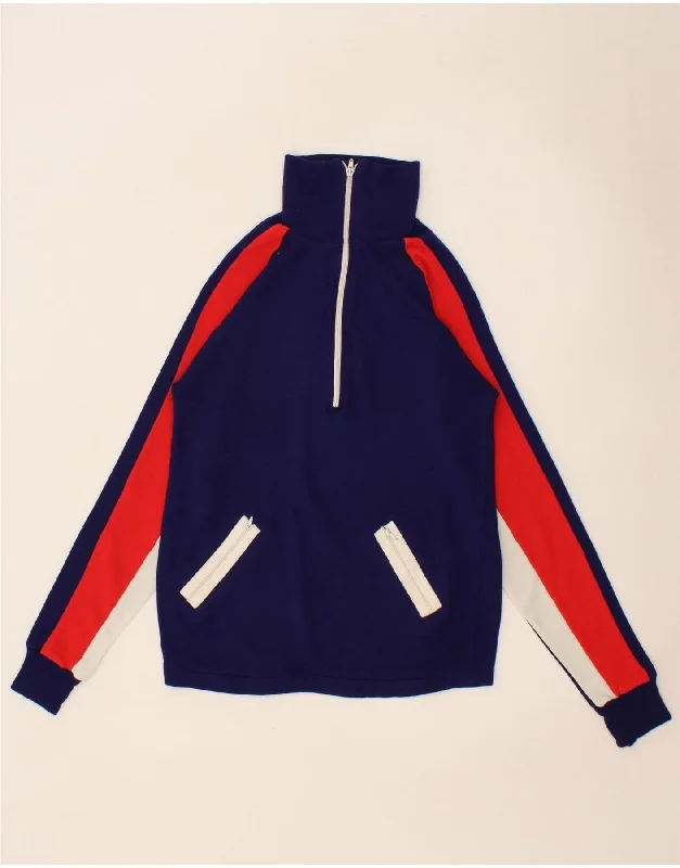 VINTAGE Mens Zip Neck Sweatshirt Jumper XS Navy Blue Colourblock Hoodie with Hem Contrast Bold Stylish VINTAGE Mens Zip Neck Sweatshirt Jumper XS Navy Blue Colourblock Hoodie with Hem Contrast Bold Stylish