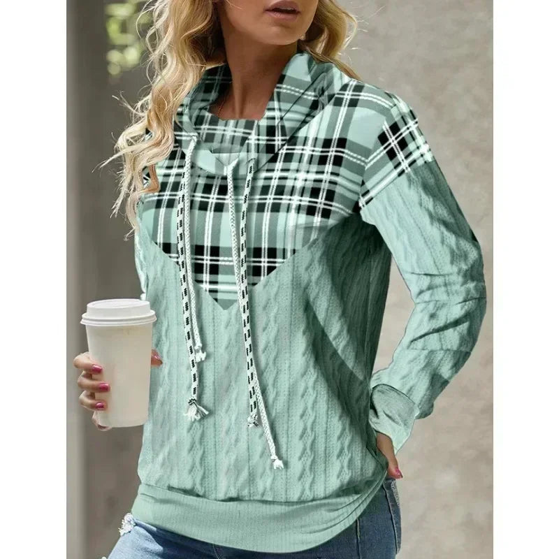 Women Casual Loose High Neck Plaid Long Sleeve Hooded Top Hoodie with Drop Shoulder Relaxed Streetwear Women Casual Loose High Neck Plaid Long Sleeve Hooded Top Hoodie with Drop Shoulder Relaxed Streetwear