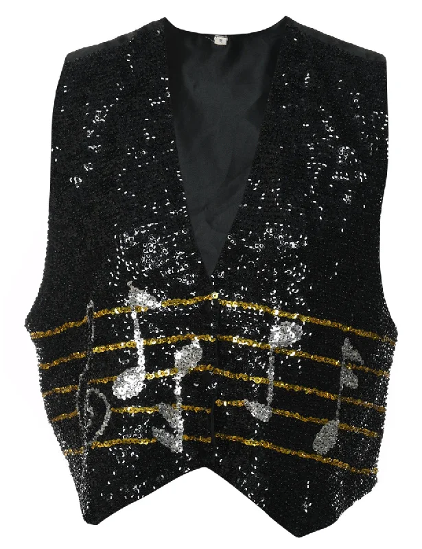 Black, Silver & Gold Sequined Waistcoat - M Stylish Long Waistcoat Vest