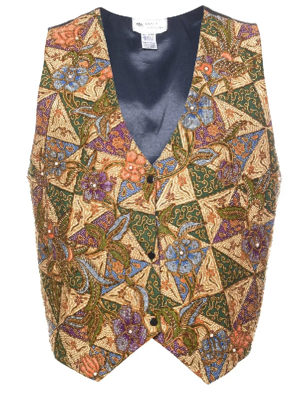 Floral Print Multi-Colour Beaded Waistcoat - L Comfortable Zip Waistcoat Vest