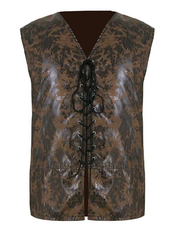 Mens Steampunk Distressed Brown Faux Leather Waistcoat Vest Trendy Zip-Up Waistcoat Jacket