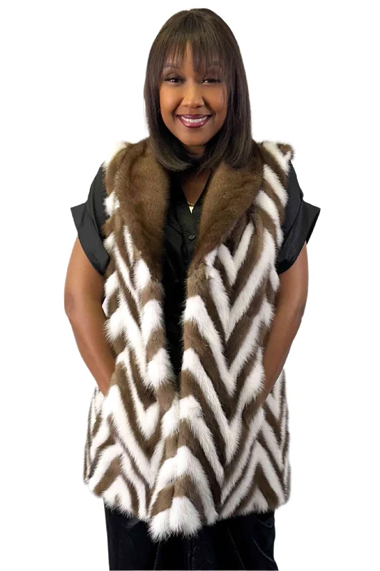 Chevron Mink Fur Vest with Shawl Collar Casual Cotton Shawl