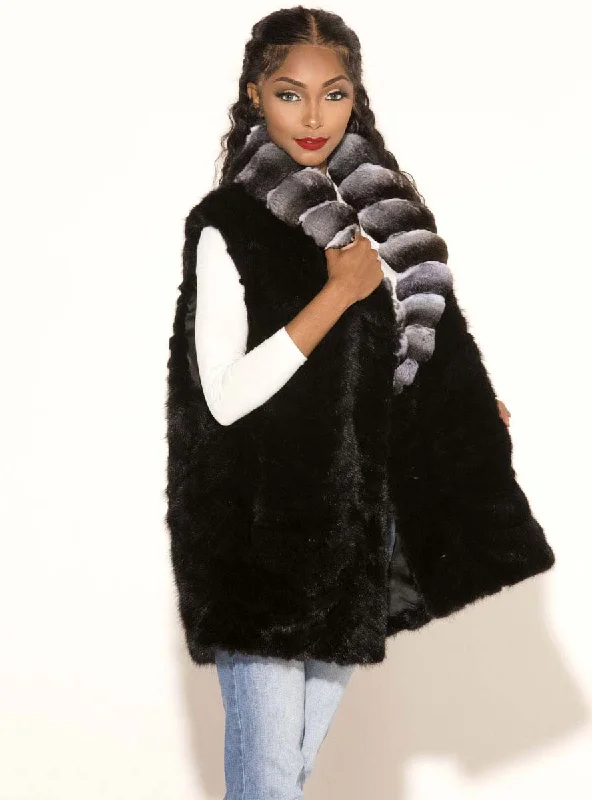 Ranch Mink Fur Vest with Chinchilla Fur Shawl Collar Stylish Pashmina Shawl Wrap
