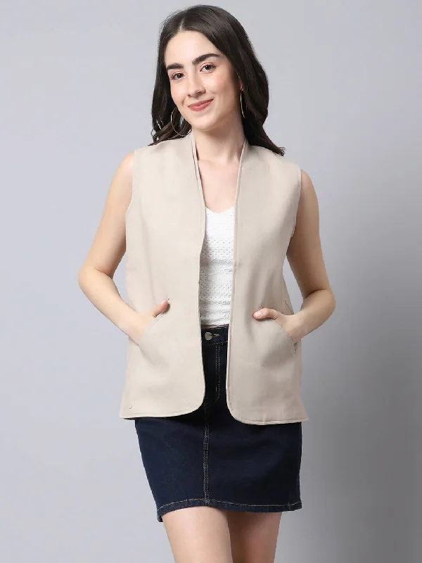 Even Apparels Cream Linen Cotton Open Front Women's Waistcoat Comfortable Wool-Lined Waistcoat Even Apparels Cream Linen Cotton Open Front Women's Waistcoat Comfortable Wool-Lined Waistcoat