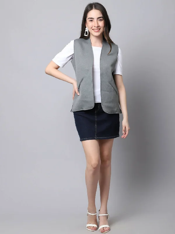 Even Apparels Grey Polyblend Open Front Women's Waistcoat Trendy Hooded Waistcoat Vest Even Apparels Grey Polyblend Open Front Women's Waistcoat Trendy Hooded Waistcoat Vest