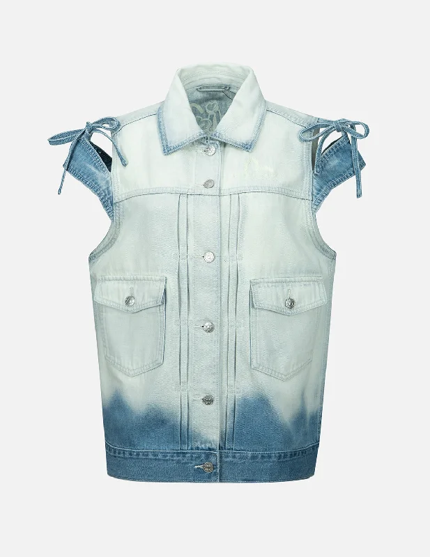 Logo Embroidery Bleached Denim Waistcoat Trendy Quilted Waistcoat Vest