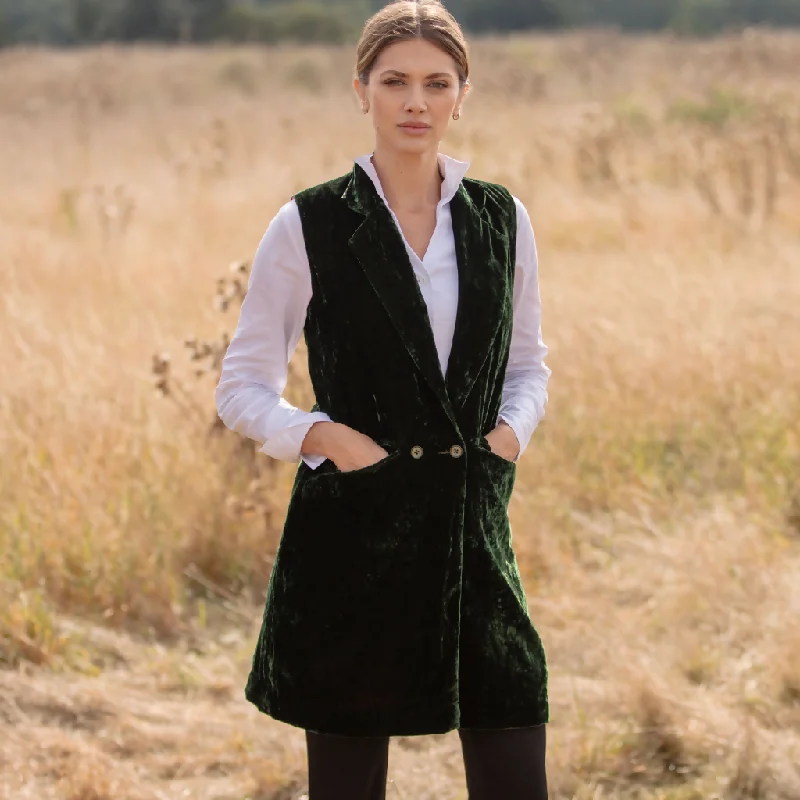 Long Silk Velvet Waistcoat In Forest Green Fashionable Belted Waistcoat