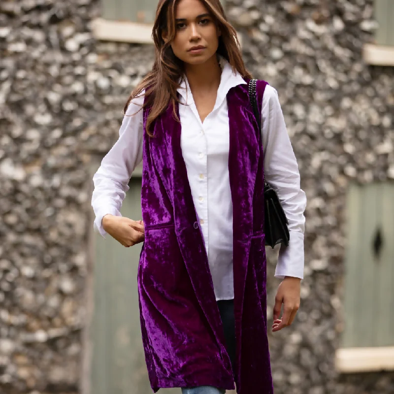 Long Silk Velvet Waistcoat In Violet Stylish Sleeveless Wool Waistcoat