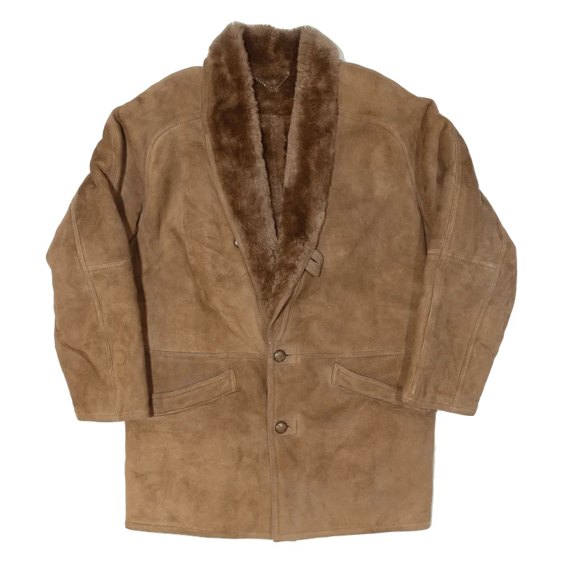 SCHRINGI Shearling Womens Coat Brown Leather 80s L Trim Padded Insulated