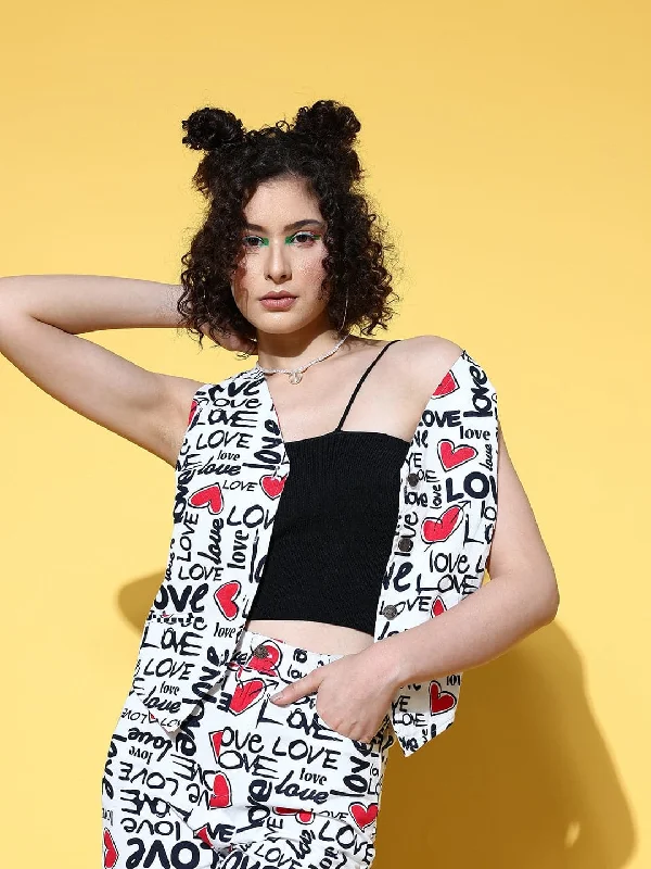 Women Red Love Heart Print Waistcoat Cozy Fitted Waistcoat Vest