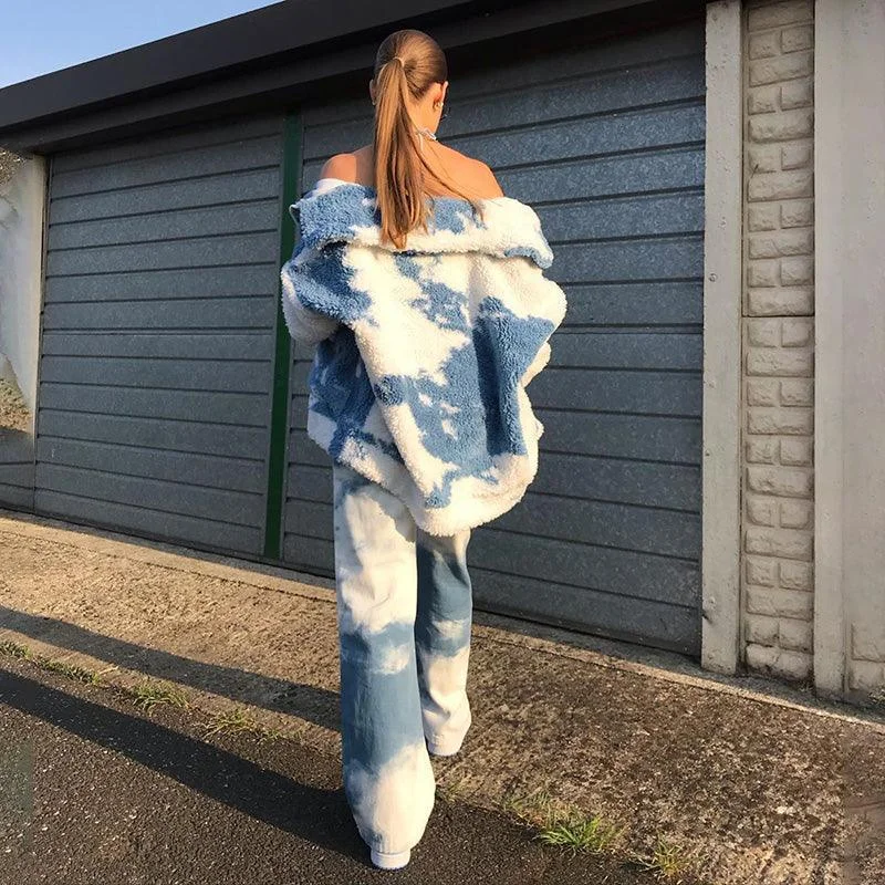 Tie-dye Lamb Wool Coat With Loose Pockets and Long Sleeves Pockets Sleeves Lining