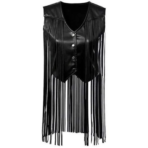Stylish V Neck PU Leather Tassels Women's Waistcoat - Black S Comfortable Winter Waistcoat Vest