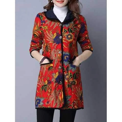 Floral Print Hooded Quilted Coat with Pockets - Jacinth L Bomber Jacket Denim Jacket Leather Jacket