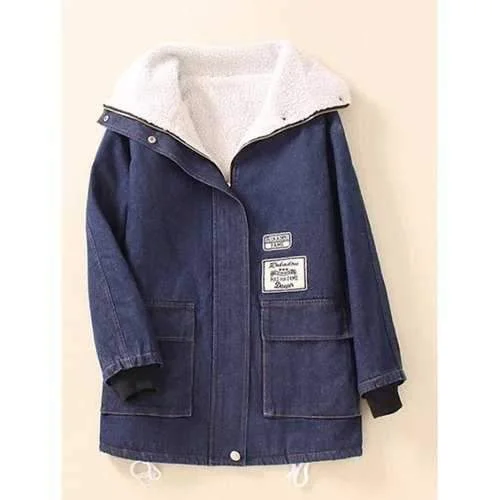 Pocket  Sherpa Fleece Denim Coat - Denim Blue M Asymmetrical Collar Hooded Zippered