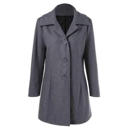 Button Up Vertical Pockets Woolen Coat - Gray L Crew Neck V-Neck Boat Neck