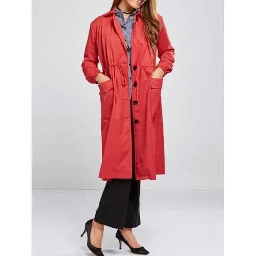 Double Pocket Drawstring Long Coat - Red Xl Lapel Coat Peter Pan Collar Coat Cowl Neck Coat Double Pocket Drawstring Long Coat - Red Xl Lapel Coat Peter Pan Collar Coat Cowl Neck Coat