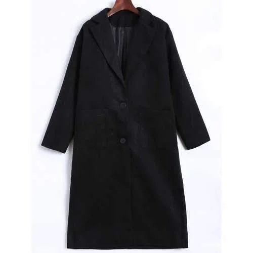 Lapel Two Button Pocket Design Long Coat - Black L Blazer Duffle Coat Pea Coat