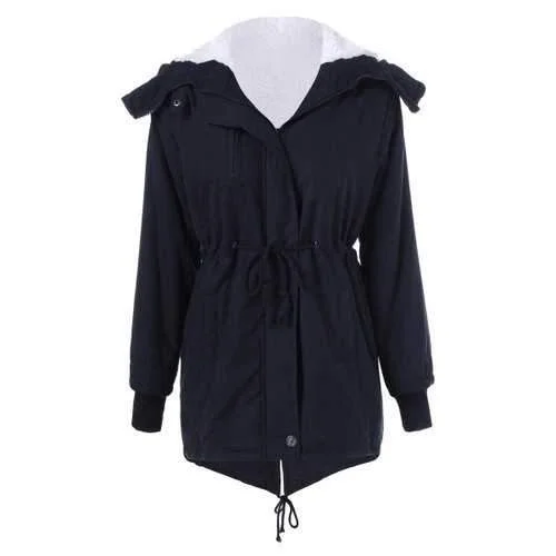 Pockets Hooded Drawstring Coat - Black M Parka Down Jacket Wool Coat