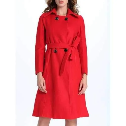 Belted Double Breasted Coat with Pockets - Red L Square Neck One-Shoulder Off-the-Shoulder Belted Double Breasted Coat with Pockets - Red L Square Neck One-Shoulder Off-the-Shoulder