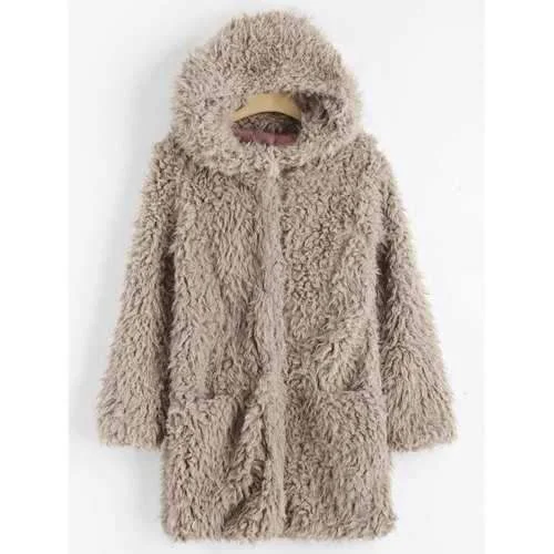 Faux Lamb Wool Hooded Coat with Pocket - Light Khaki M Peter Pan Collar Cowl Neck Turtleneck Faux Lamb Wool Hooded Coat with Pocket - Light Khaki M Peter Pan Collar Cowl Neck Turtleneck