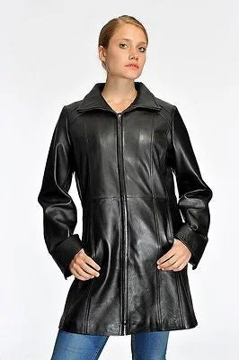 WOMEN'S LONG PARKA BUTTER SOFT LAMB SWING LEATHER COAT WITH 2 POCKETS BIG CUT Tie-Waist Belted Drawstring