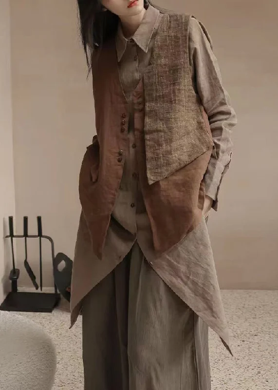 Boho Brown V Neck Asymmetrical Design Patchwork Linen Waistcoat Top Sleeveless Stylish Long Waistcoat Vest
