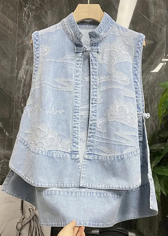 Chinese Style Blue Stand Collar Print Patchwork Low High Design Denim Waistcoat Summer Fashionable Sleeveless Waistcoat Vest Chinese Style Blue Stand Collar Print Patchwork Low High Design Denim Waistcoat Summer Fashionable Sleeveless Waistcoat Vest