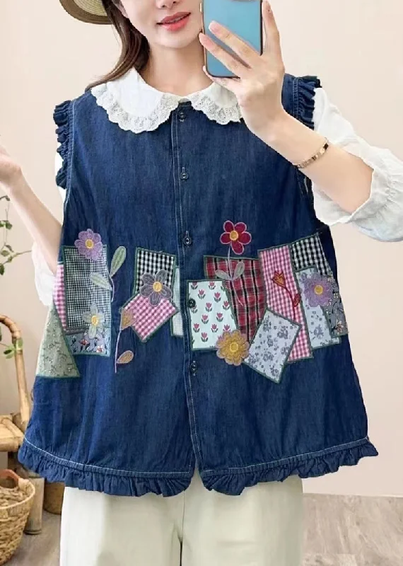 Cute Navy Embroidered Patchwork Button Waistcoat Sleeveless Comfortable Faux Fur Waistcoat Cute Navy Embroidered Patchwork Button Waistcoat Sleeveless Comfortable Faux Fur Waistcoat