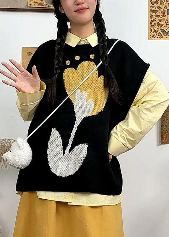 DIY Black O-Neck Floral Knit Waistcoat Fall Trendy Faux Leather Waistcoat