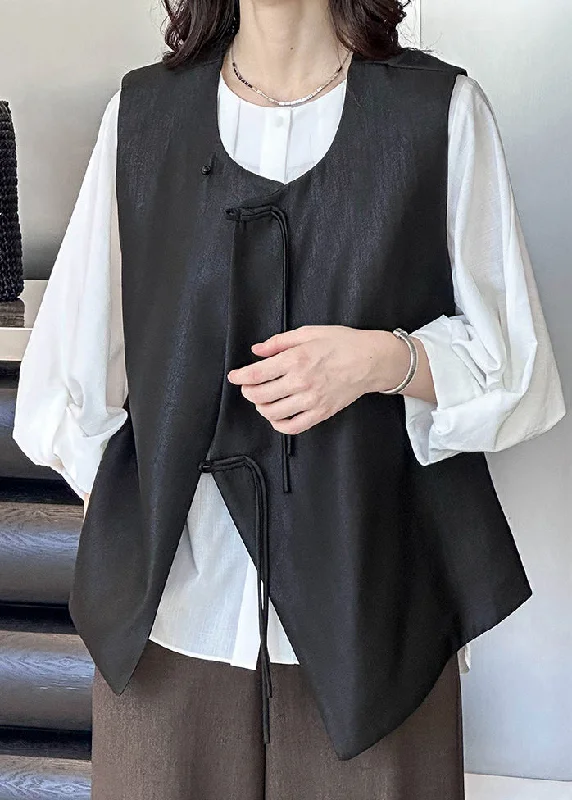 French Black Button Solid Cotton Waistcoat Sleeveless Elegant Puffer Waistcoat Vest