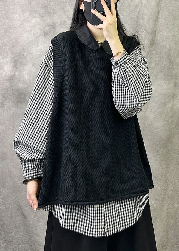 Loose Black O Neck Solid Cozy Knit Waistcoat Sleeveless Warm Down Waistcoat Vest