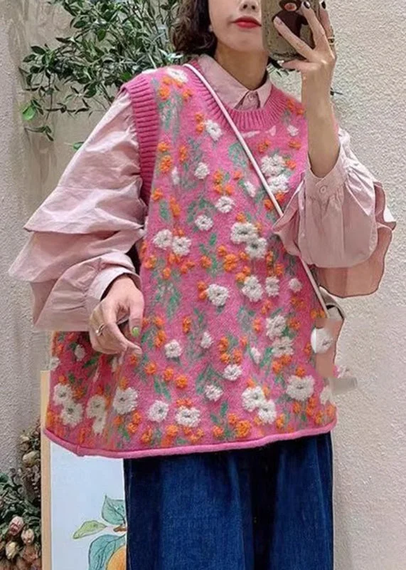 Plus Size Pink O-Neck Embroideried Floral Knit Waistcoat Sleeveless Casual Checkered Waistcoat Vest Plus Size Pink O-Neck Embroideried Floral Knit Waistcoat Sleeveless Casual Checkered Waistcoat Vest